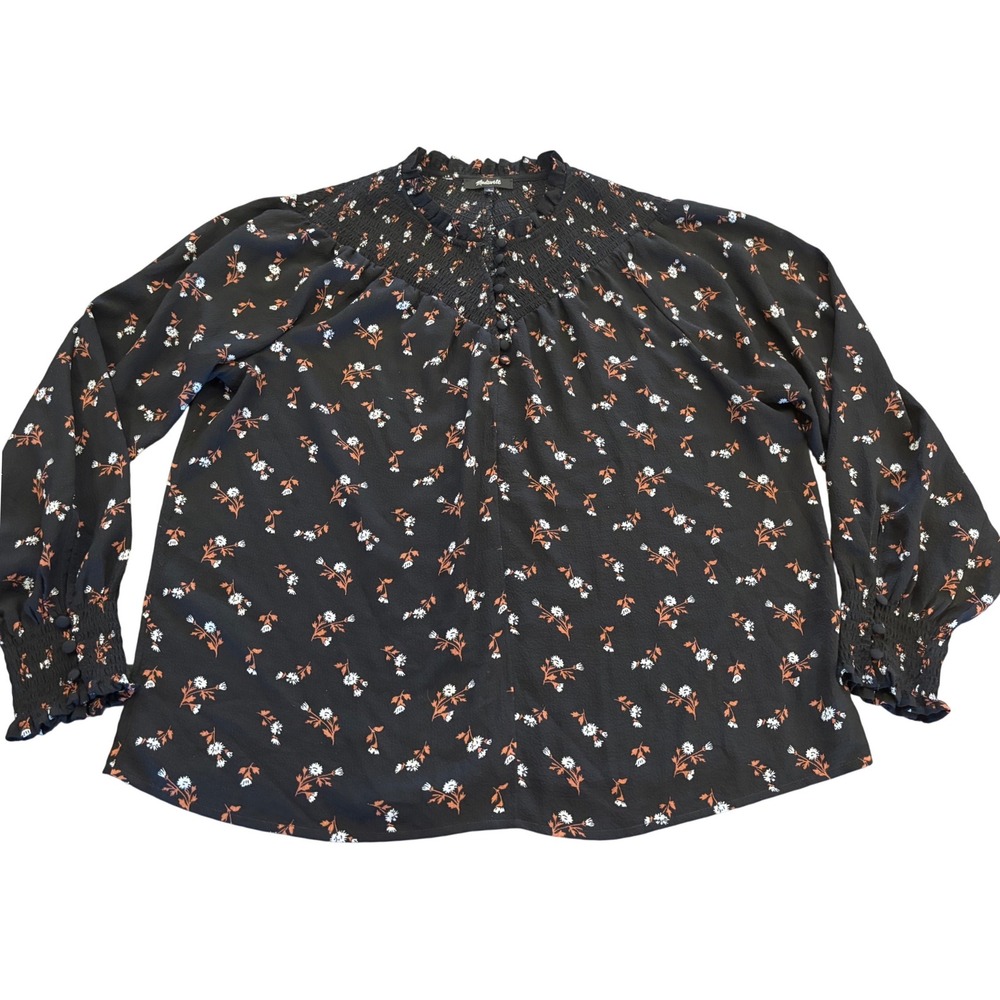 Madewell Black Floral Smocked Mock Neck Blouse Long Sleeve Top Large